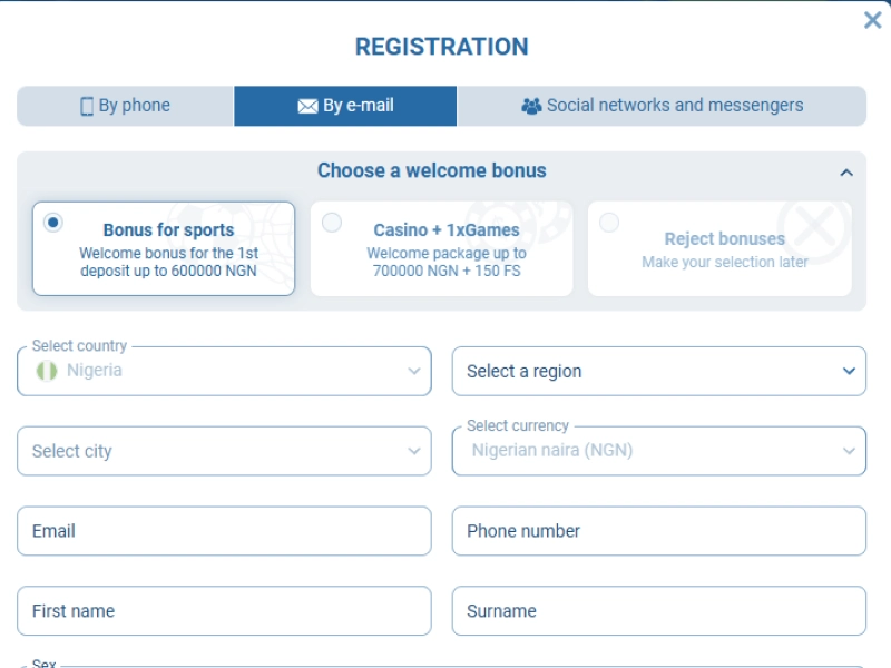 1xBet Nigeria registration screenshot showing sign-up form with highlighted fields for creating a new account
