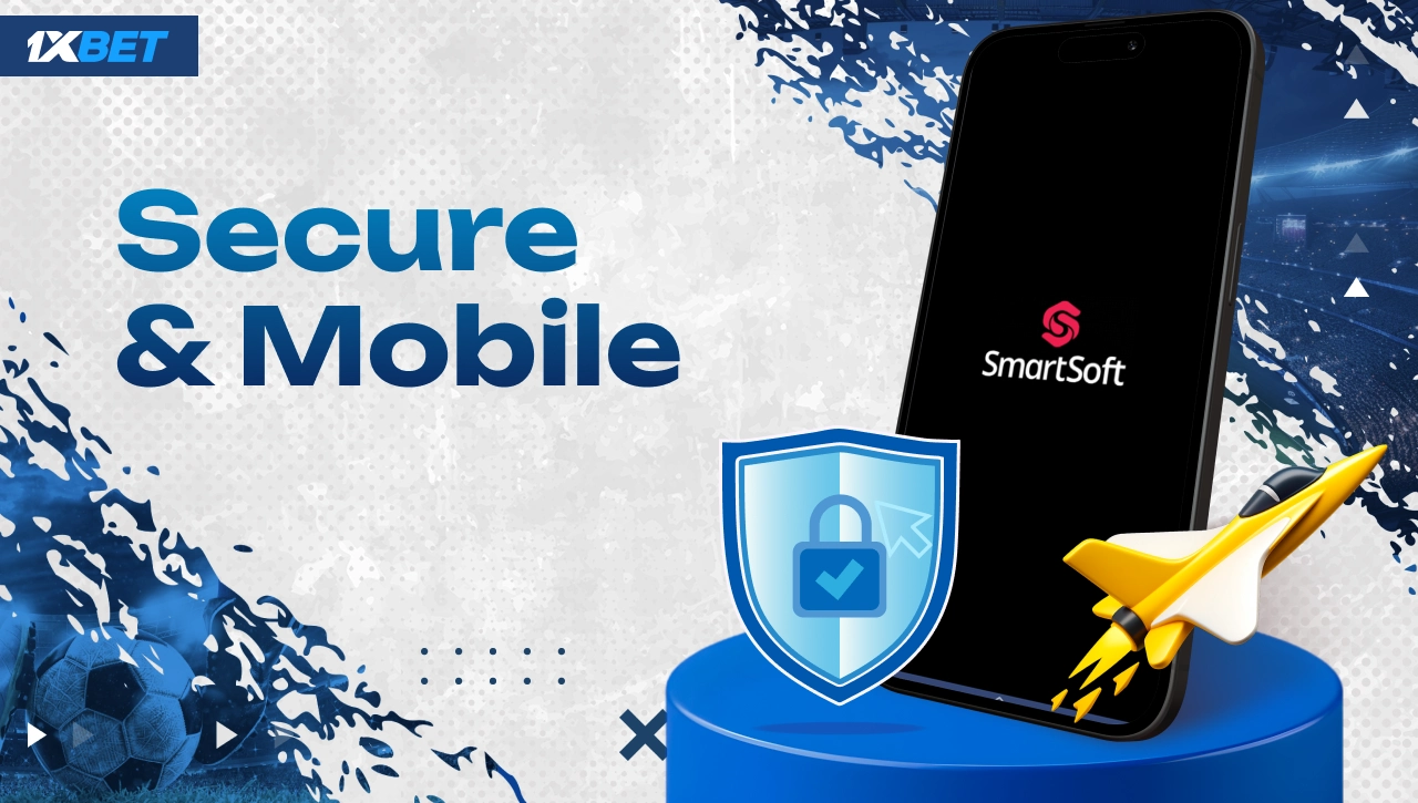 Secure access to JetX on 1xBet Nigeria with shield icon, smartphone displaying Smartsoft provider and 3D jet